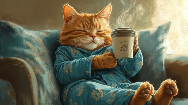 A content ginger cat in pajamas enjoys a warm drink, exuding cozy vibes on a peaceful morning.