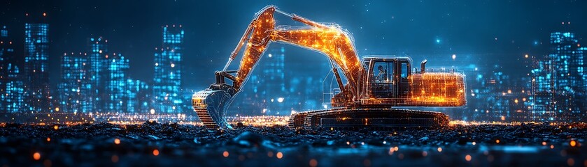  smart blue digital excavator, AI in construction site management systems, excavation planning algorithms, equipment maintenance schedules, and real-time monitoring for safety and efficiency design 