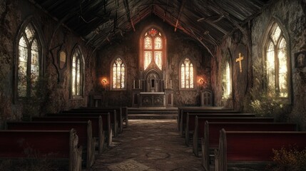 Fototapeta premium An abandoned church interior with stained glass and overgrown elements, evoking a haunting atmosphere.