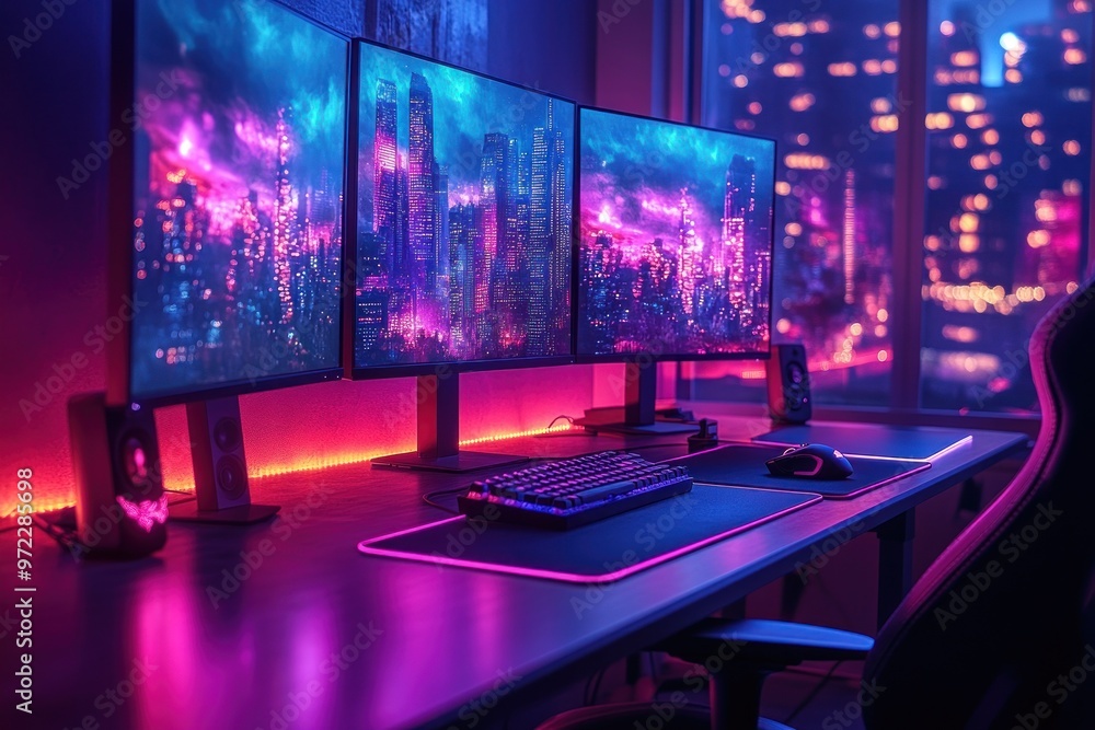 Poster a vibrant gaming setup with multiple monitors and ambient lighting.