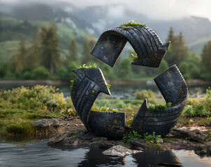 Tire recycling - triangle sign made from black tires