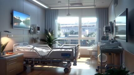 Modern Hospital Room Interior with Medical Equipment and City View