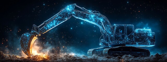 Fototapeta premium smart blue digital excavator, AI in construction site management systems, excavation planning algorithms, equipment maintenance schedules, and real-time monitoring for safety and efficiency design 