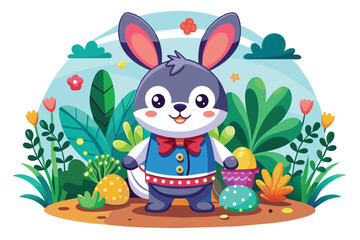 cute rabbit playing in the garden, there are green leaves and beautiful colorful flowers. Vector design illustration