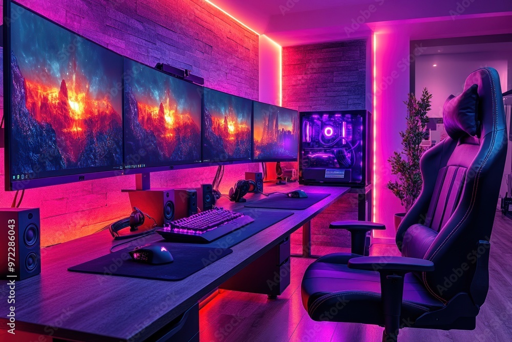 Aufkleber modern gaming setup with multiple monitors and ambient lighting.