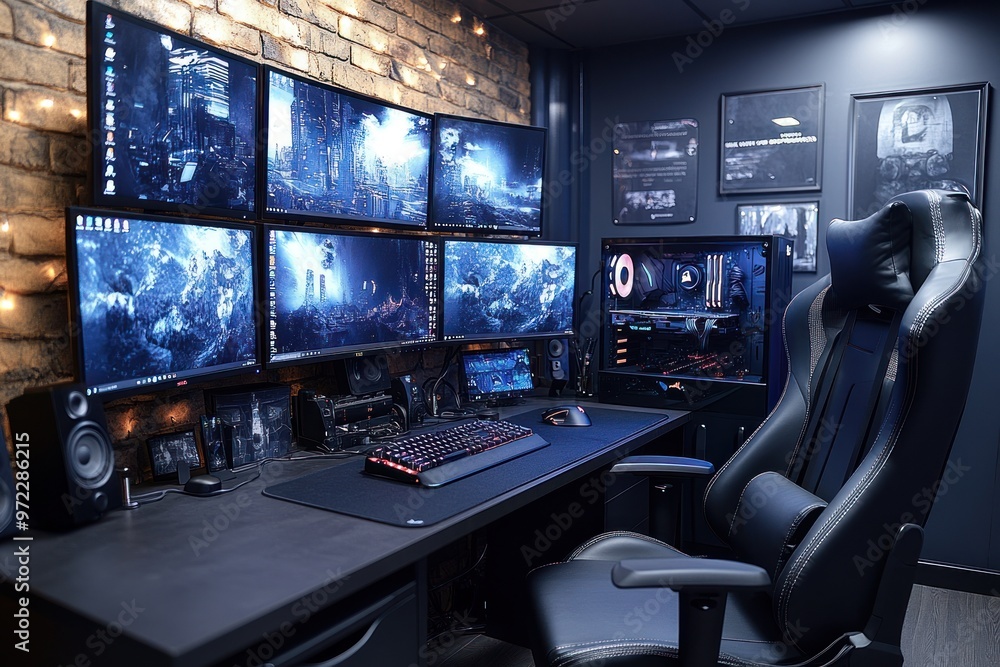 Poster modern gaming setup with multiple monitors and ergonomic chair.