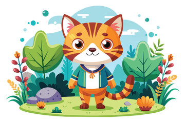 Vector design illustration of cute cat playing in the garden, there are green leaves and beautiful colorful flowers.