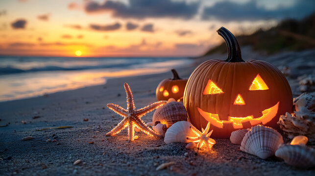 Halloween on a beach. Pumpkins, starfish and seashells on the seashore at sunset. 