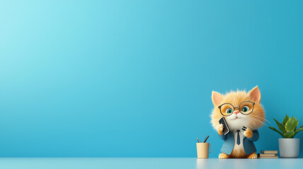A cute cartoon cat in glasses and a suit sitting at a desk, adding a playful touch to a modern workspace.