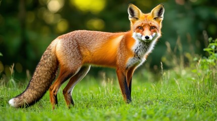 Obraz premium A majestic red fox stands gracefully in a lush green meadow, showcasing its vibrant fur and alert demeanor.