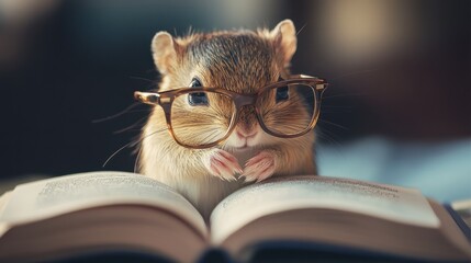 A cute squirrel wearing glasses, intently reading a book with its paws resting on the pages.