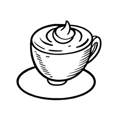 A black and white drawing of a coffee cup with whipped cream