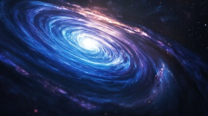 A stunning view of a swirling galaxy, with vibrant blues and purples radiating from the core in a cosmic dance.