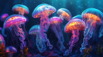 A mesmerizing display of colorful jellyfish drifting gracefully in a tranquil underwater scene.
