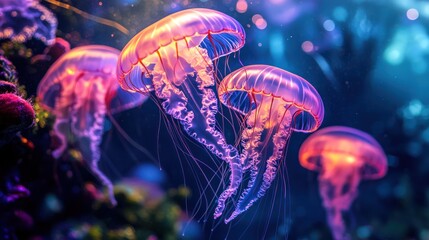 Naklejka premium A serene underwater scene featuring colorful jellyfish gracefully swimming in a vibrant ocean.