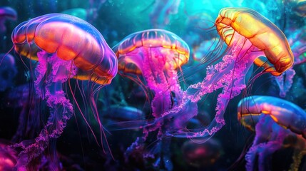 Obraz premium Colorful jellyfish illuminated in vibrant purple and orange hues, gracefully swimming in deep blue waters.