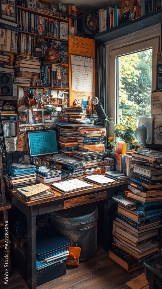 Poster a cluttered desk surrounded by books and a window view.