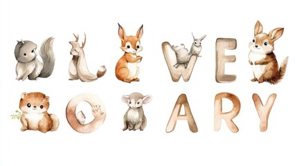 Naklejka premium Charming watercolor illustration of woodland animals, including a fox and a rabbit, with playful letters spelling 'Weary'.