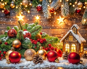 Christmas decorations on wooden background