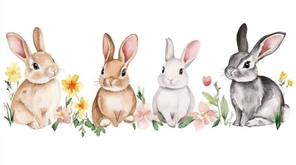 Obraz premium Four adorable rabbits in soft colors, surrounded by colorful flowers, evoking a cheerful and playful mood.