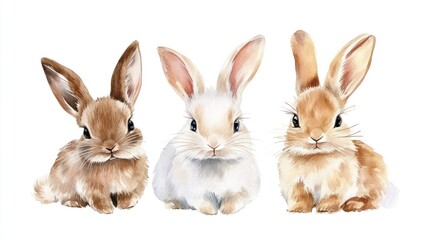Obraz premium Three cute rabbits, showcasing their distinct fur colors and playful expressions in a charming watercolor illustration.
