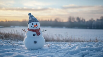 Fototapeta premium cheerful snowman in a snowy landscape