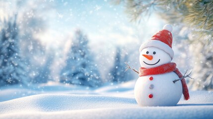 Fototapeta premium cheerful snowman in a snowy landscape