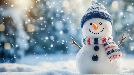 Fototapeta premium cheerful snowman in a snowy landscape