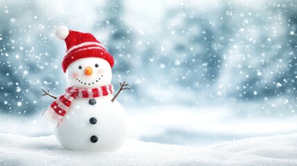 cheerful snowman in a snowy landscape