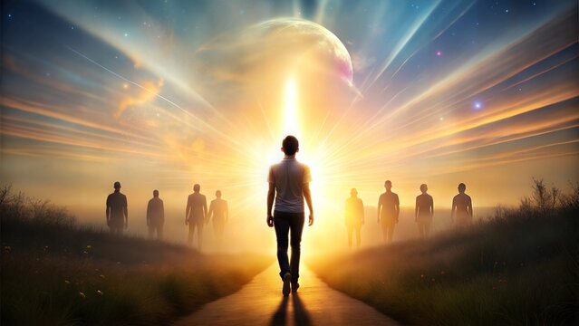 afterlife scene serene figure soul glowing light silhouettes radiant bright horizon faint floating biblical symbols