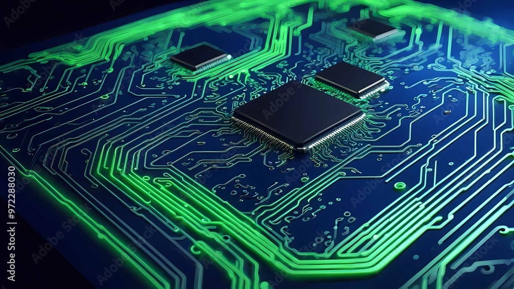Poster abstract three-dimensional circuitry links components, driving integrated networks in dark, industri
