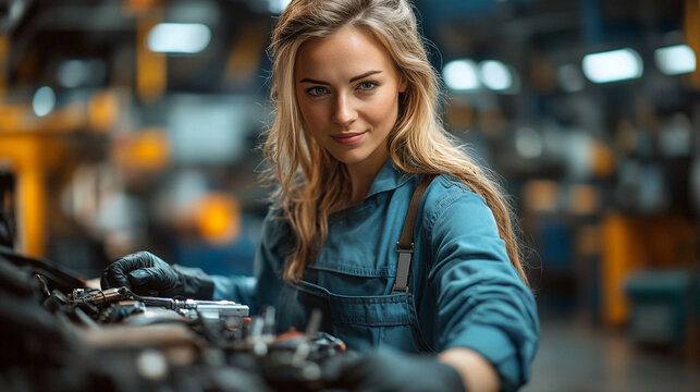 A skilled female mechanic in working attire confidently repairs machinery in a busy workshop environment.