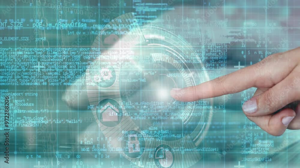 Poster finger touching digital interface with code and data processing animation