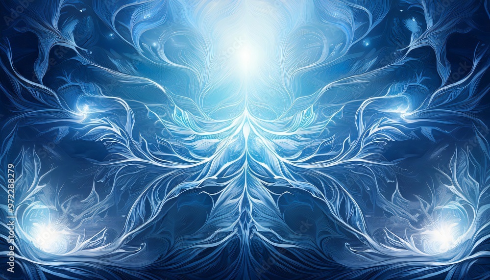 Poster abstract blue background with lines flowing upwards and converging, creating beams of light