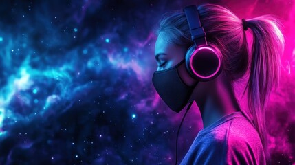 Fototapeta premium woman wearing headphones and a mask, surrounded by vibrant, colorful lights.