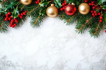 Twigs of Christmas tree decorated bows, balls and holly berries on white stone background. Christmas background, copy space.