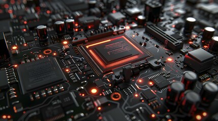 Fototapeta premium Close-up of a Circuit Board with a Glowing Processor