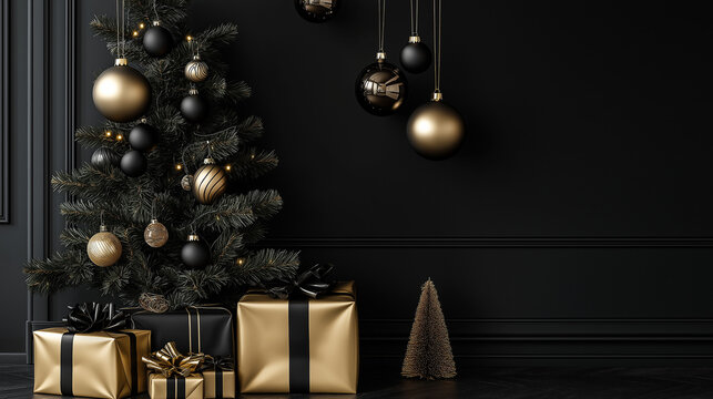 Exklusiver Weihnachtshintergrund: Edle Schwarz-Gold-Komposition. Luxuri&ouml;ses Design f&uuml;r festliche Werbung, Karten, Einladungen. Glamour&ouml;se Akzente, stilvolle Ornamente. Premium-Look f&uuml;r die Feiertage