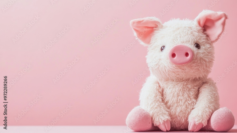 Wall mural pig doll sitting on pastel pink background