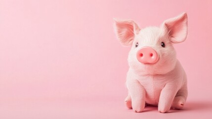 pig doll sitting on pastel pink background