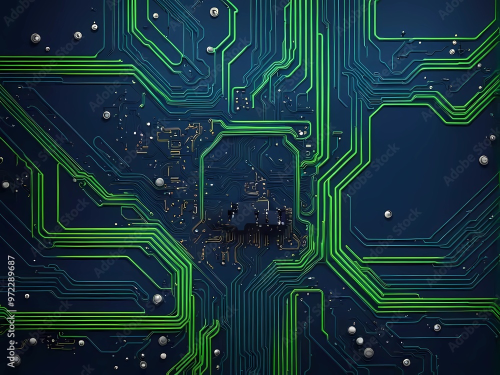 Aufkleber macro view of glowing green circuits connecting microchips and processors, powering futuristic digit