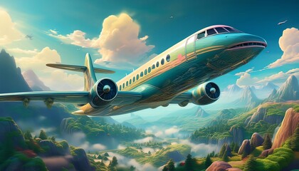 Fototapeta premium Zooming airplane in fantasy landscape