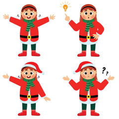collection of icons of cute and happy little girls wearing red Christmas costumes