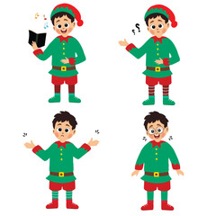 happy cute little boys wearing green elf Christmas costume