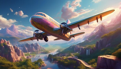 Obraz premium Airplane flying through a whimsical fantasy landscape