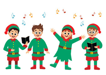 a collection of icons of cute and happy childerns singing and wearing green elf Christmas costumes