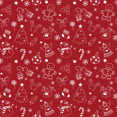Christmas seamless pattern with snowman, gingerman, sweets, snowlakes, christmas tree on red backround. Holiday background, textile, wallpaper, print design