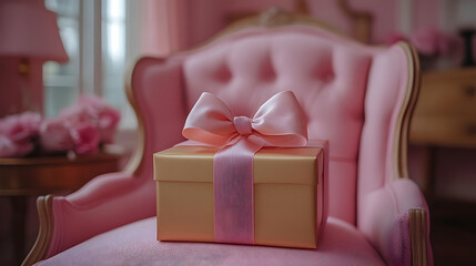 Pink and Gold Gift Box on a Pink Chair - Illustration