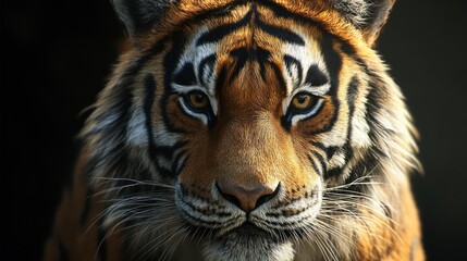 A majestic Bengal tiger gazing intensely with piercing eyes, showcasing its vibrant orange fur and striking black stripes.