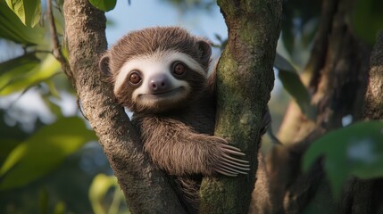 Fototapeta premium A cute sloth resting on a tree branch amidst lush green leaves, showcasing its adorable face and gentle demeanor.